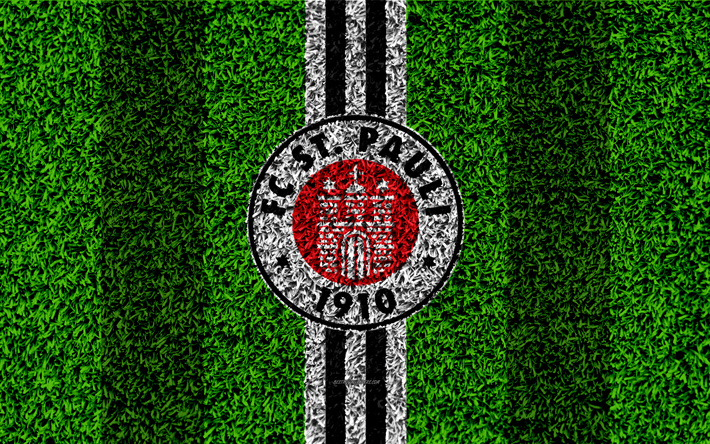 FC St Pauli, 4k, club de f&#250;tbol alem&#225;n, el f&#250;tbol de c&#233;sped, logotipo, emblema, blanco l&#237;neas de color negro, de la Bundesliga 2, Hamburgo, Alemania, el f&#250;tbol, el c&#233;sped de textura