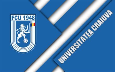 CS Universitatea Craiova, 4k, logo, material design, Romanian football club, white blue abstraction, Liga 1, Craiova, Romania, football, Universitatea FC