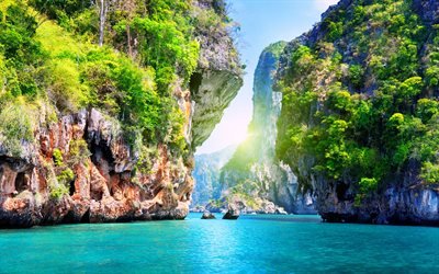 Thaimaa, 4k, meri, ranta, kallioita, Aasiassa, kes&#228; matkailu