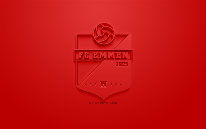 FC Emmen, kreativa 3D-logotyp, r&#246;d bakgrund, 3d-emblem, Holl&#228;ndsk fotboll club, Eredivisie, Emmen, Nederl&#228;nderna, 3d-konst, fotboll, snygg 3d-logo