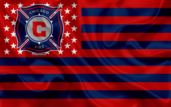 Chicago Fire, Amerikansk fotboll club, Amerikansk kreativa flagga, r&#246;d bl&#229; flagg, MLS, Chicago, Illinois, USA, logotyp, emblem, Major League Soccer, silk flag, fotboll