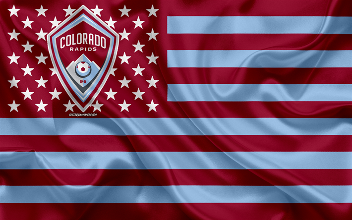 Colorado Rapids, American soccer club, Amerikkalainen luova lippu, violetti sininen lippu, MLS, Denver, Colorado, USA, logo, tunnus, Major League Soccer, silkki lippu, jalkapallo