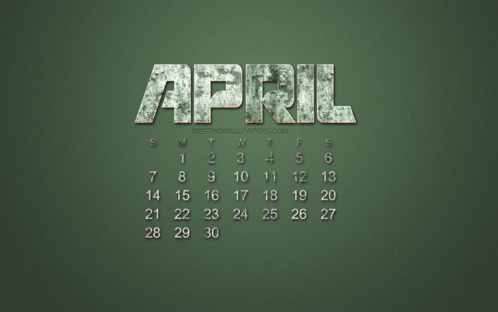 2019 calendario di aprile, grunge, stile, verde, sfondo, 2019 calendari, aprile, creative stone art, aprile 2019 calendario, concetti