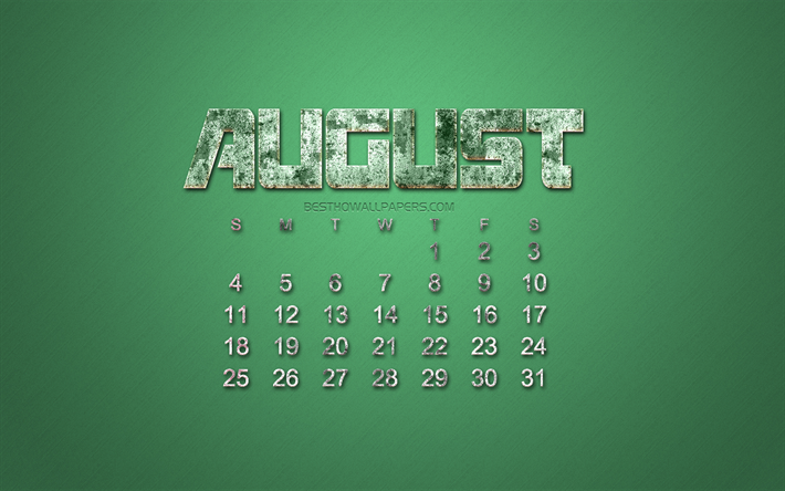 2019 augusti kalender, grunge stil, grunge gr&#246;n bakgrund, 2019 kalendrar, Augusti, kreativ sten konst, kalender f&#246;r augusti 2019, koncept