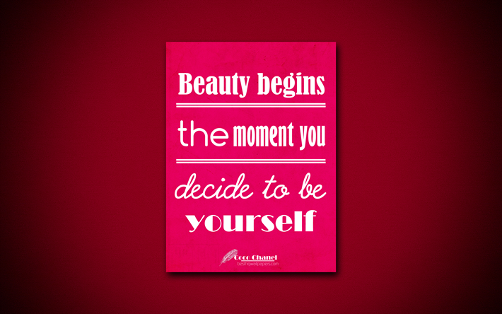 4k, Beauty begins the moment you decide to be yourself, quotes about beauty, Coco Chanel, pink paper, popular quotes, inspiration, Coco Chanel quotes