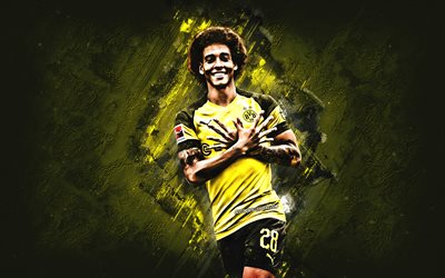 Axel Witsel, Belgian football player, central midfielder, Borussia Dortmund, Bundesliga, Germany, portrait, creative art, yellow stone background