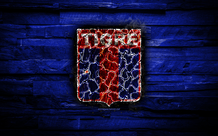 Tigre FC, burning logo, Argentine Superleague, blue wooden background, Argentinean football club, Argentine Primera Division, CA Tigre, football, soccer, Tigre logo, Victoria, Argentina