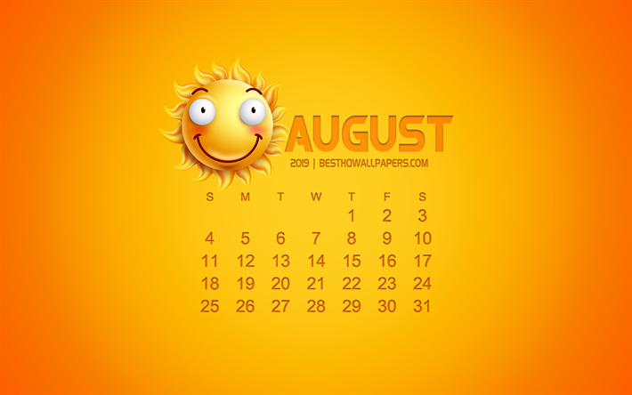 2019 Augusti Kalender, kreativ konst, gul bakgrund, 3D-s&#246;n k&#228;nslor ikonen, kalender f&#246;r augusti 2019, koncept, 2019 kalendrar