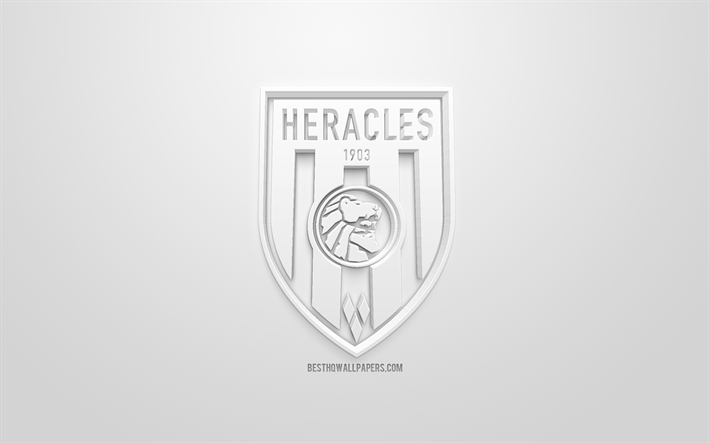 Heracles Almelo, cr&#233;atrice du logo 3D, fond blanc, 3d embl&#232;me, club de foot n&#233;erlandais, Eredivisie, Almelo, pays-bas, art 3d, le football, l&#39;&#233;l&#233;gant logo 3d, H&#233;racl&#232;s FC