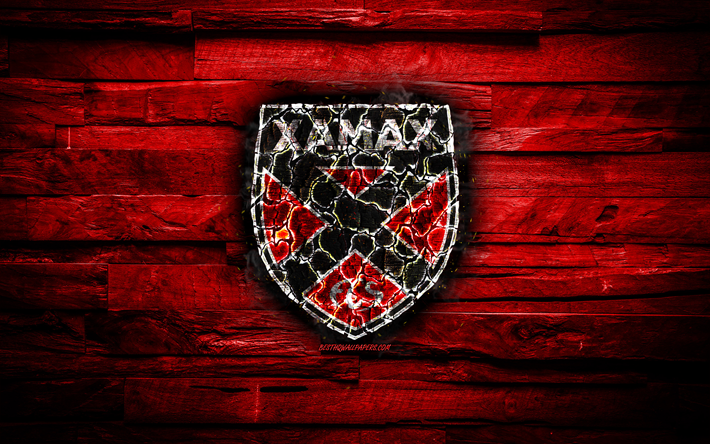 Xamax FC, gravure de logo, Suisse Super League, en bois rouge de fond, club suisse de football, Neuch&#226;tel Xamax FCS, grunge, de football, de soccer, de Xamax logo, Neuch&#226;tel, Suisse