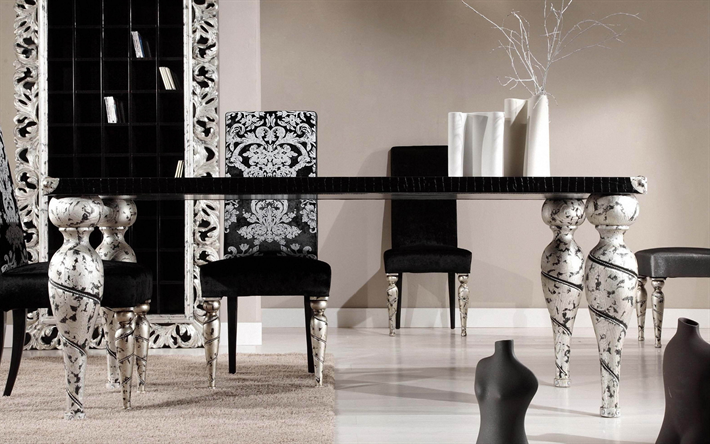 eleganti interni in bianco e nero, stile classico, soggiorno, lussuoso bianco e nero, mobili, motivi floreali, arredamento di design