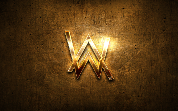 Alan Walker kultainen logo, supert&#228;hti&#228;, vaihe, DJ-Alan Walker, Dj, metalli tausta, Alan Walker, luova, Alan Walker-logo