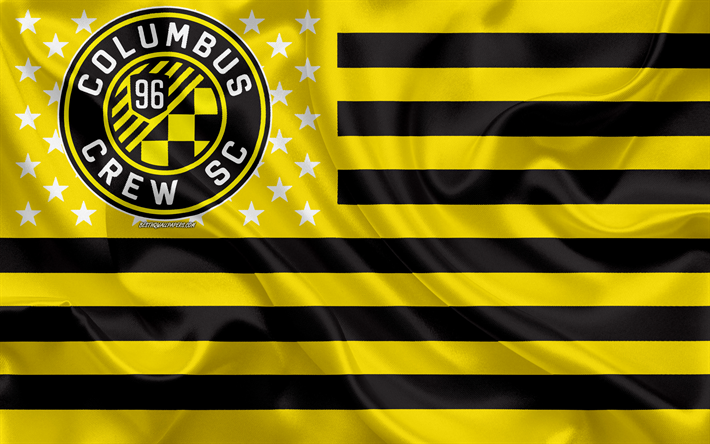Columbus Crew, American soccer club, American creativo de la bandera, amarillo, negro de la bandera, de la MLS, de Columbus, Ohio, estados UNIDOS, logotipo, emblema de la Liga Mayor de F&#250;tbol, bandera de seda, f&#250;tbol