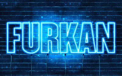 Furkan, 4k, wallpapers with names, Furkan name, blue neon lights, Happy Birthday Furkan, popular turkish male names, picture with Furkan name