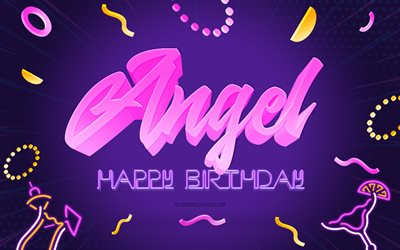 Happy Birthday Angel, 4k, Purple Party Background, Angel, creative art, Happy Angel birthday, Angel name, Angel Birthday, Birthday Party Background
