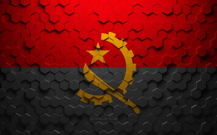 Bandiera dell&#39;Angola, arte a nido d&#39;ape, bandiera di esagoni dell&#39;Angola, Angola, arte di esagoni 3d, bandiera dell&#39;Angola