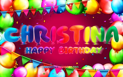 Happy Birthday Christina, 4k, colorful balloon frame, Christina name, purple background, Christina Happy Birthday, Christina Birthday, popular american female names, Birthday concept, Christina