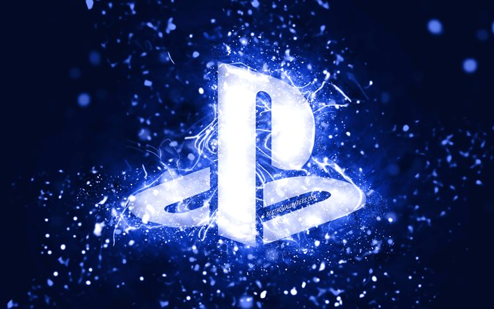 Logo PlayStation blu scuro, 4k, luci al neon blu scuro, creativo, sfondo astratto blu scuro, logo PlayStation, PlayStation