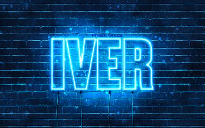 Iver, 4k, wallpapers with names, Iver name, blue neon lights, Happy Birthday Iver, popular norwegian male names, picture with Iver name