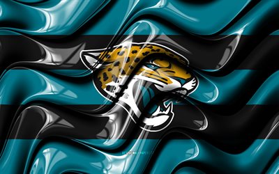 Drapeau des Jaguars de Jacksonville, 4k, vagues 3D bleues et noires, NFL, équipe de football américain, logo des Jaguars de Jacksonville, football américain, Jaguars de Jacksonville