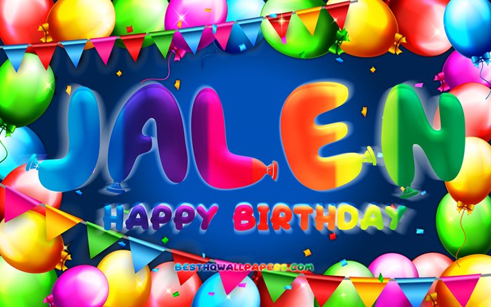 Buon compleanno Jalen, 4k, cornice di palloncini colorati, nome Jalen, sfondo blu, buon compleanno Jalen, compleanno di Jalen, nomi maschili americani popolari, concetto di compleanno, Jalen