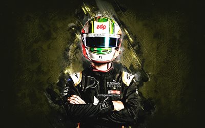 Antonio Felix da Costa Formula E, BMW Team Schnitzer, portuguese race car driver, yellow stone background, creative art