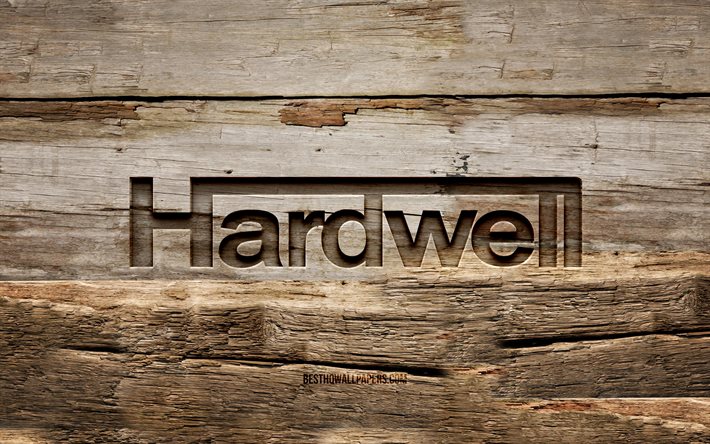 Hardwell wooden logo, 4K, Robbert van de Corput, wooden backgrounds, Dutch DJs, Hardwell logo, creative, wood carving, Hardwell