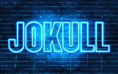 Jokull, 4k, fonds d&#39;&#233;cran avec des noms, nom Jokull, n&#233;ons bleus, joyeux anniversaire Jokull, noms masculins islandais populaires, photo avec nom Jokull