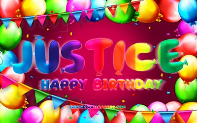 Happy Birthday Justice, 4k, colorful balloon frame, Justice name, purple background, Justice Happy Birthday, Justice Birthday, popular american female names, Birthday concept, Justice