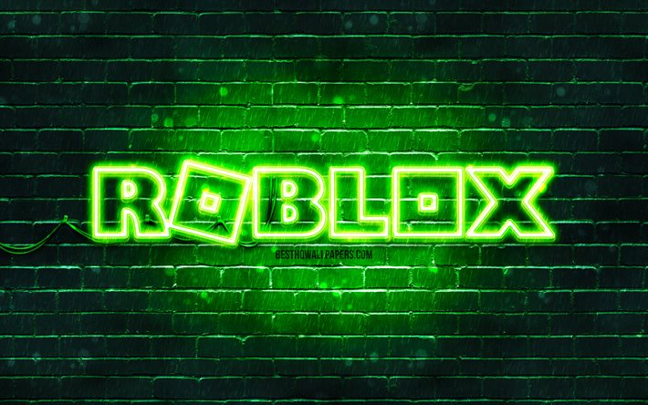 Roblox gr&#246;n logotyp, 4k, gr&#246;n brickwall, Roblox logotyp, onlinespel, Roblox neonlogotyp, Roblox
