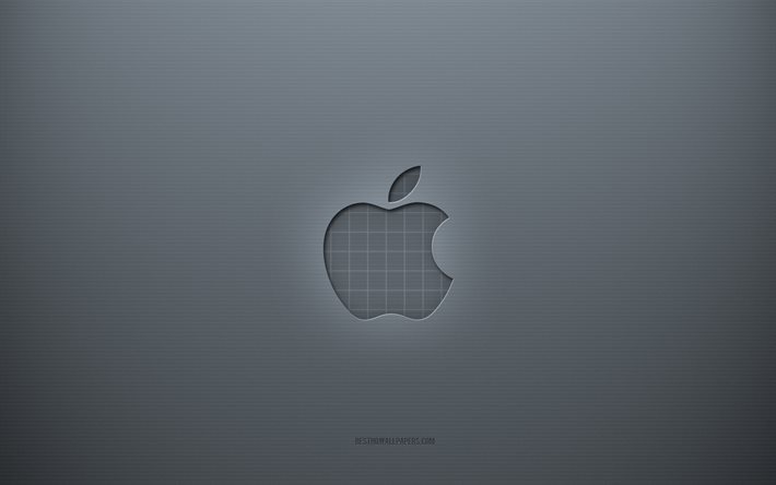 アップルのロゴ, 灰色の創造的な背景, アップルエンブレム, 灰色の紙の質感, Apple（アップル）, 灰色の背景, Apple3dロゴ
