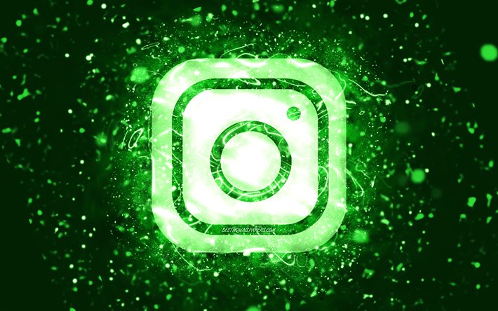 Instagramの緑のロゴ, 4k, 緑のネオンライト, creative クリエイティブ, 緑の抽象的な背景, Instagramのロゴ, ソーシャルネットワーク, Instagram