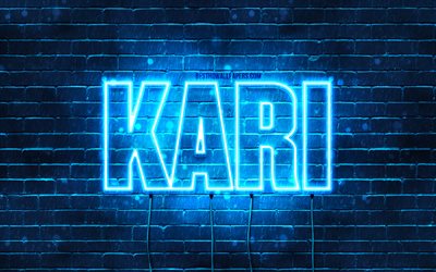 Kari, 4k, fonds d&#39;&#233;cran avec des noms, nom de Kari, n&#233;ons bleus, joyeux anniversaire Kari, noms masculins islandais populaires, photo avec le nom de Kari