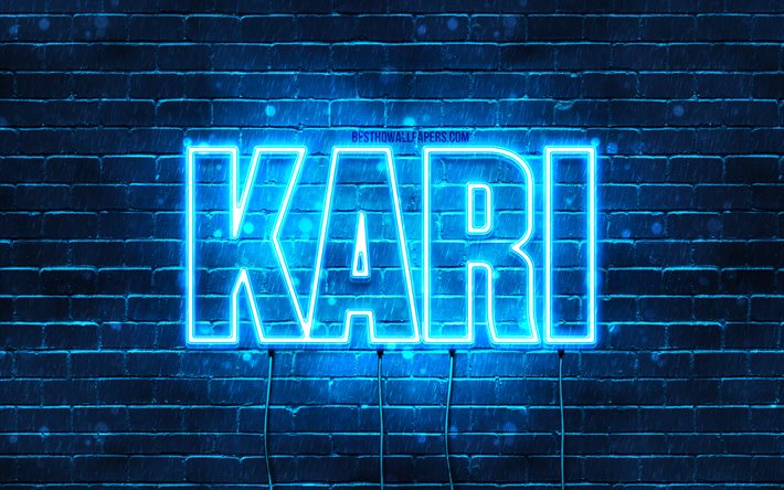 Kari, 4k, fonds d&#39;&#233;cran avec des noms, nom de Kari, n&#233;ons bleus, joyeux anniversaire Kari, noms masculins islandais populaires, photo avec le nom de Kari