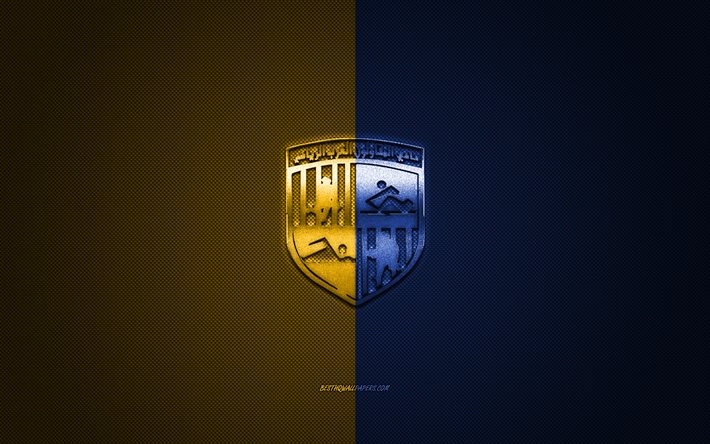 Al Mokawloon Al Arab SC, club de football &#233;gyptien, logo jaune-bleu, fond en fibre de carbone jaune-bleu, Premier League &#233;gyptienne, football, Nasr City, Le Caire, &#201;gypte, logo Al Mokawloon Al Arab SC, entrepreneurs arabes