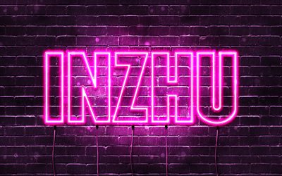 Inzhu, 4k, fonds d&#39;&#233;cran avec noms, noms f&#233;minins, nom Inzhu, n&#233;ons violets, joyeux anniversaire Inzhu, noms f&#233;minins populaires kazakhs, photo avec nom Inzhu