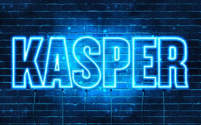 Kasper, 4k, fonds d&#39;&#233;cran avec des noms, nom de Kasper, n&#233;ons bleus, joyeux anniversaire Kasper, noms masculins norv&#233;giens populaires, photo avec le nom de Kasper
