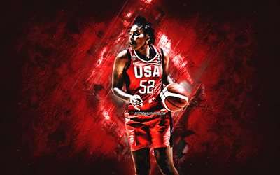 Ariel Atkins, USA national basketball team, USA, American basketball player, portrait, United States Basketball team, red stone background