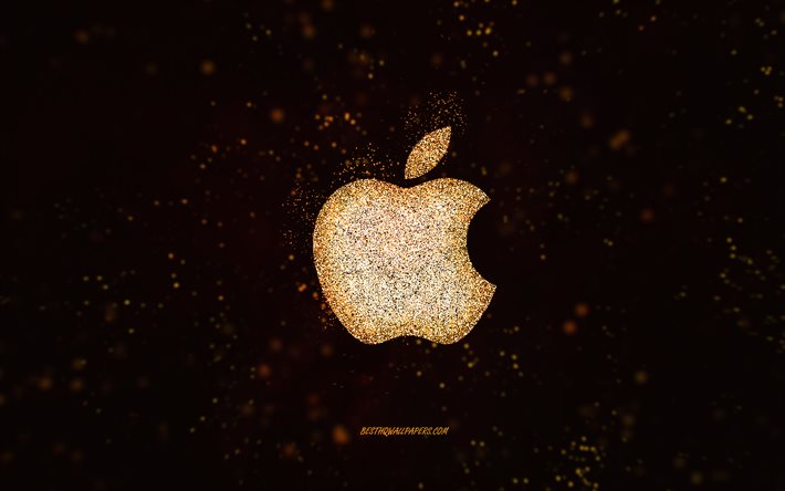 Logo glitter Apple, sfondo nero, logo Apple, arte glitter dorata, Apple, arte creativa, logo glitter dorato Apple