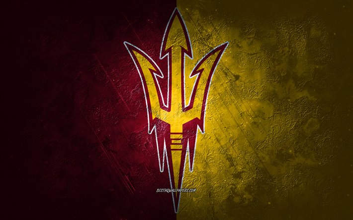 Arizona State Sun Devils, amerikansk fotbollslag, r&#246;d gul bakgrund, Arizona State-Sun Devils-logotyp, grunge konst, NCAA, amerikansk fotboll, USA, Arizona State Sun Devils emblem