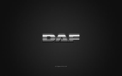 DAF logo, silver yellow logo, gray carbon fiber background, DAF metal emblem, DAF, cars brands, creative art