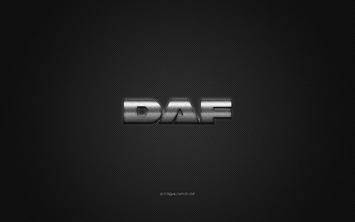Logo DAF, logo giallo argento, sfondo grigio in fibra di carbonio, emblema DAF in metallo, DAF, marchi di automobili, arte creativa
