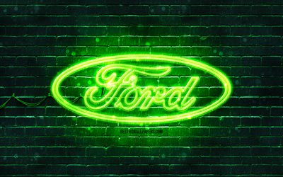 Logo Ford verde, 4k, muro di mattoni verde, logo Ford, marchi di automobili, logo Ford al neon, Ford