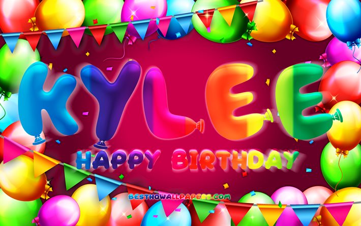 お誕生日おめでとうカイリー, 4k, カラフルなバルーンフレーム, カイリーの名前, 紫の背景, カイリーお誕生日おめでとう, カイリーの誕生日, 人気のアメリカ人女性の名前, 誕生日のコンセプト, Kylee