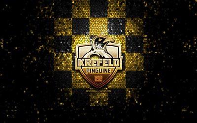Krefeld Pinguine, glitter logo, DEL, black yellow checkered background, hockey, german hockey team, Krefeld Pinguine logo, mosaic art, Deutsche Eishockey Liga, german hockey league
