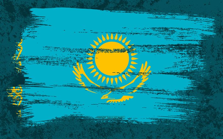 4k, Flag of Kazakhstan, grunge flags, Asian countries, national symbols, brush stroke, Kazakh flag, grunge art, Kazakhstan flag, Asia, Kazakhstan