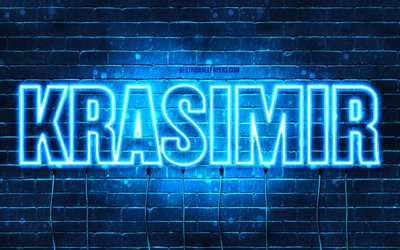 Krasimir, 4k, bakgrundsbilder med namn, Krasimir namn, bl&#229; neonljus, Grattis p&#229; f&#246;delsedagen Krasimir, popul&#228;ra bulgariska manliga namn, bild med Krasimir namn