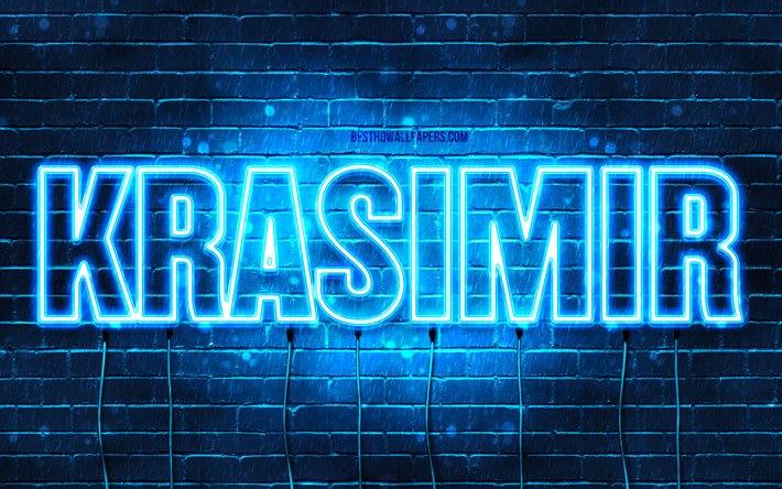 Krasimir, 4k, sfondi con nomi, nome Krasimir, luci al neon blu, buon compleanno Krasimir, nomi maschili bulgari popolari, immagine con nome Krasimir