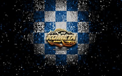 HC Kometa Brno, logo glitter, Extraliga, sfondo blu a scacchi bianchi, hockey, squadra di hockey ceca, logo HC Kometa Brno, arte del mosaico, campionato di hockey ceco