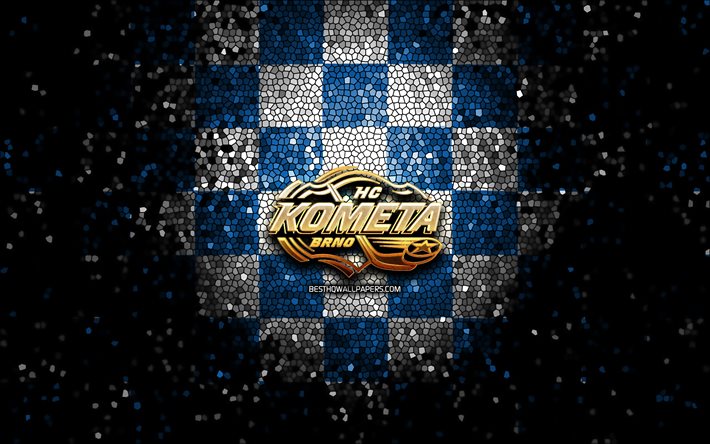 HC Kometa Brno, glitterlogotyp, Extraliga, bl&#229;vit rutig bakgrund, hockey, tjeckiskt hockeylag, HC Kometa Brno-logotyp, mosaikkonst, tjeckisk hockeyliga